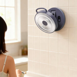 Foldable Portable Wall-Mountable Handheld Desktop Outdoor Fan, showing its top carry loop, circular fan head, folding support arm, back hook mount slot, and circular base with button.