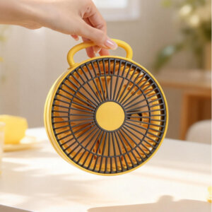 Foldable Portable Wall-Mountable Handheld Desktop Outdoor Fan, showing its top carry loop, circular fan head, folding support arm, back hook mount slot, and circular base with button.
