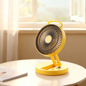 Foldable Portable Wall-Mountable Handheld Desktop Outdoor Fan, showing its top carry loop, circular fan head, folding support arm, back hook mount slot, and circular base with button.