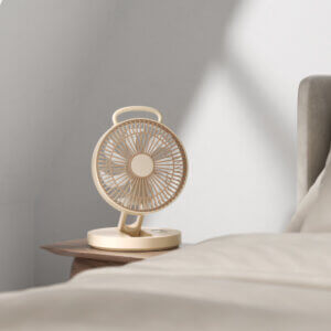 Foldable Portable Wall-Mountable Handheld Desktop Outdoor Fan, showing its top carry loop, circular fan head, folding support arm, back hook mount slot, and circular base with button.