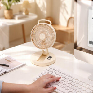 Foldable Portable Wall-Mountable Handheld Desktop Outdoor Fan, showing its top carry loop, circular fan head, folding support arm, back hook mount slot, and circular base with button.