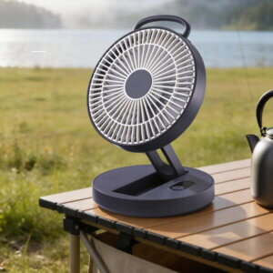 Foldable Portable Wall-Mountable Handheld Desktop Outdoor Fan, showing its top carry loop, circular fan head, folding support arm, back hook mount slot, and circular base with button.