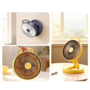 Foldable Portable Wall-Mountable Handheld Desktop Outdoor Fan, showing its top carry loop, circular fan head, folding support arm, back hook mount slot, and circular base with button.