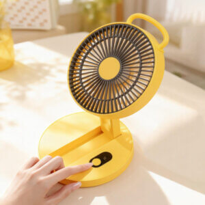 Foldable Portable Wall-Mountable Handheld Desktop Outdoor Fan, showing its top carry loop, circular fan head, folding support arm, back hook mount slot, and circular base with button.
