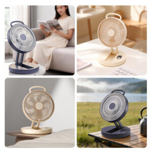 Foldable Portable Wall-Mountable Handheld Desktop Outdoor Fan, showing its top carry loop, circular fan head, folding support arm, back hook mount slot, and circular base with button.