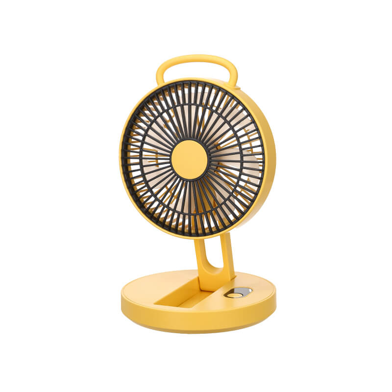 Foldable Portable Wall-Mountable Handheld Desktop Outdoor Fan, showing its top carry loop, circular fan head, folding support arm, back hook mount slot, and circular base with button.