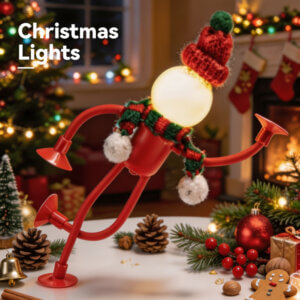 Christmas Creative Suction Cup Figurine Flexible Mini Night Light, showing its spherical glowing bulb head, red knitted beanie hat, mini scarf, bendable limbs, and suction cup hands and feet, available in red and green colorways.