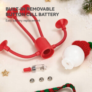 Christmas Creative Suction Cup Figurine Flexible Mini Night Light, showing its spherical glowing bulb head, red knitted beanie hat, mini scarf, bendable limbs, and suction cup hands and feet, available in red and green colorways.