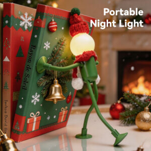 Christmas Creative Suction Cup Figurine Flexible Mini Night Light, showing its spherical glowing bulb head, red knitted beanie hat, mini scarf, bendable limbs, and suction cup hands and feet, available in red and green colorways.